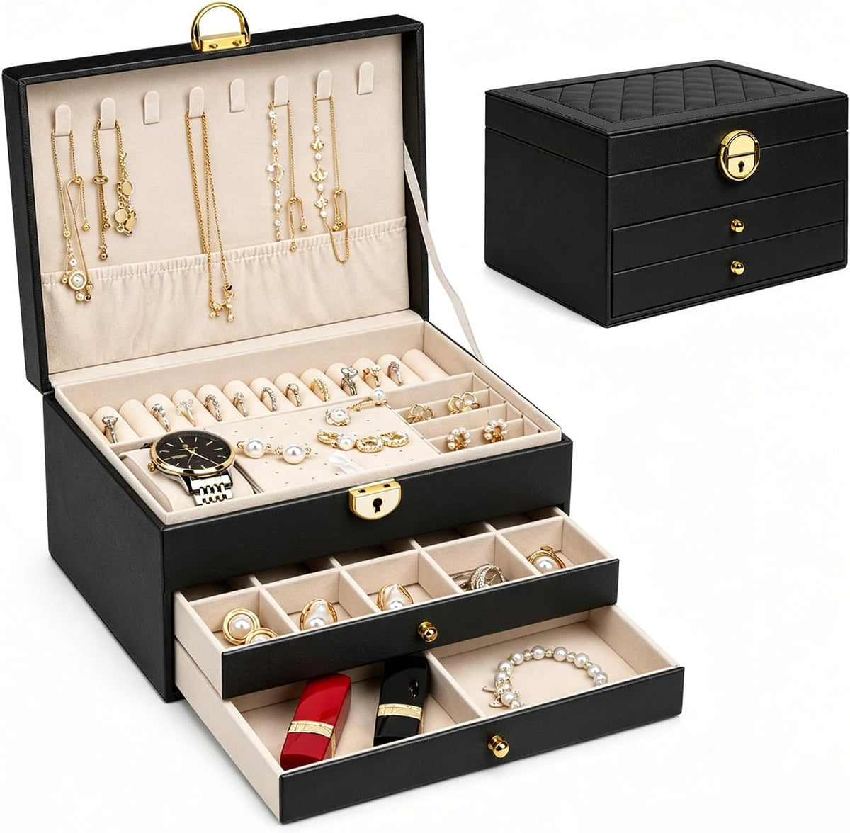 Large leather jewelry organizer box for women two drawers