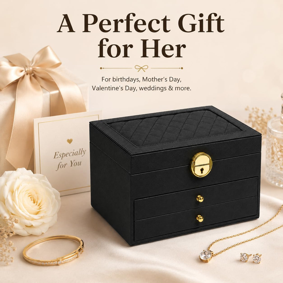 Large leather jewelry organizer box for women two drawers