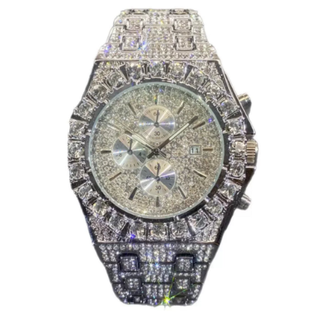 Men's diamond-encrusted luxury watch dial and bezel detail