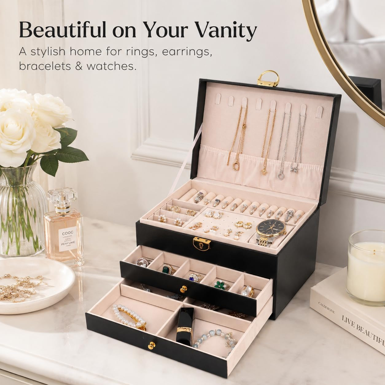 Large leather jewelry organizer box for women two drawers