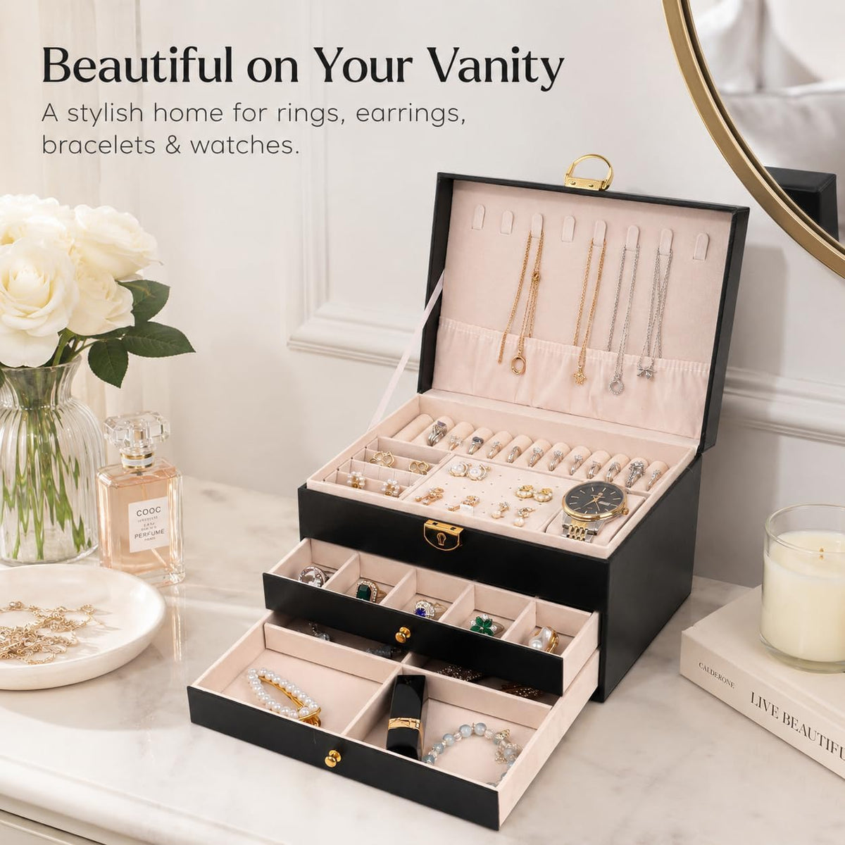 Large leather jewelry organizer box for women two drawers
