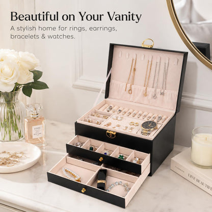 Large leather jewelry organizer box for women two drawers