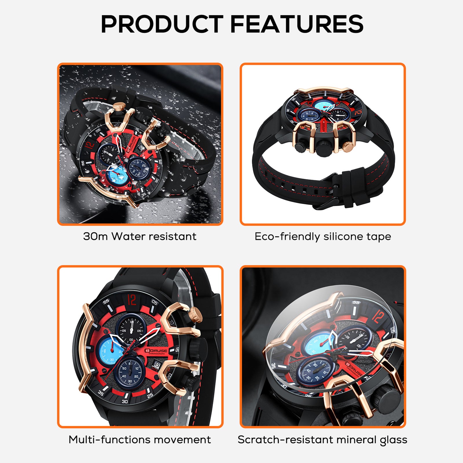 Multifunctional waterproof mens luminous quartz watch luminous dial detail