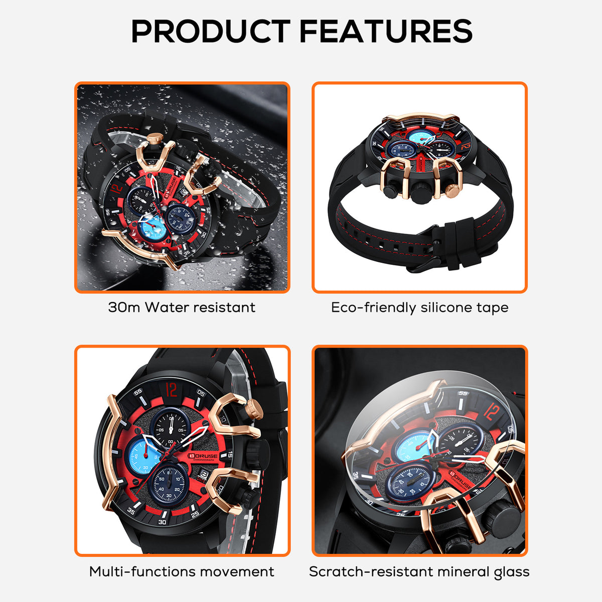 Multifunctional waterproof mens luminous quartz watch luminous dial detail
