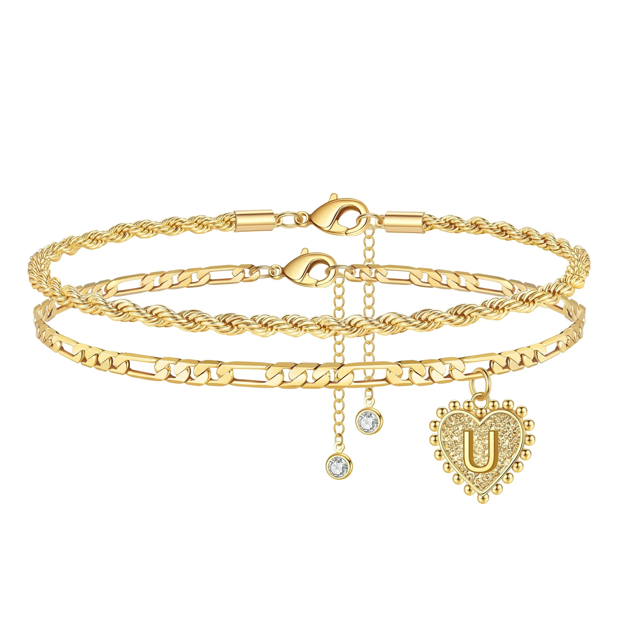Initial ankle bracelet for women gold heart charm and letter 