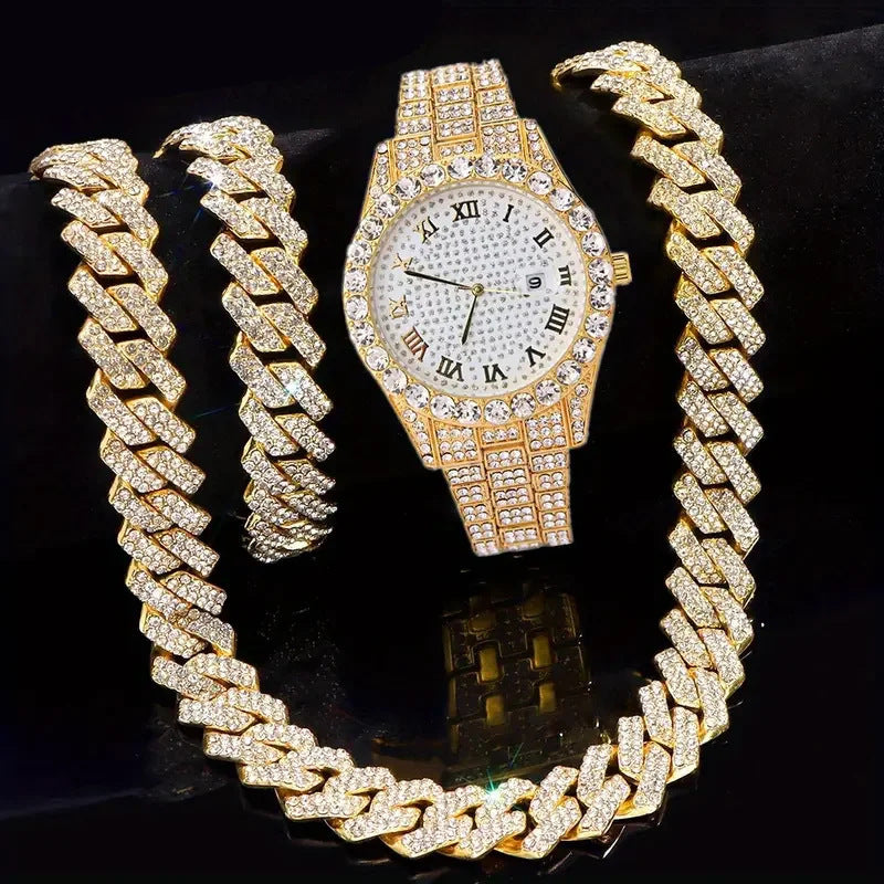 Hip hop watch bracelet and necklace set full set view