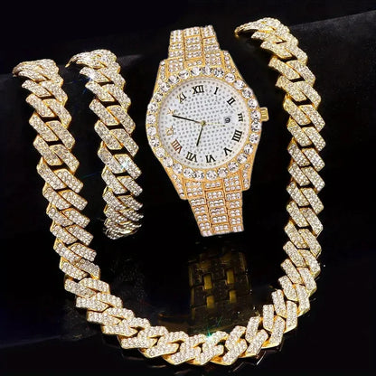Hip hop watch bracelet and necklace set full set view