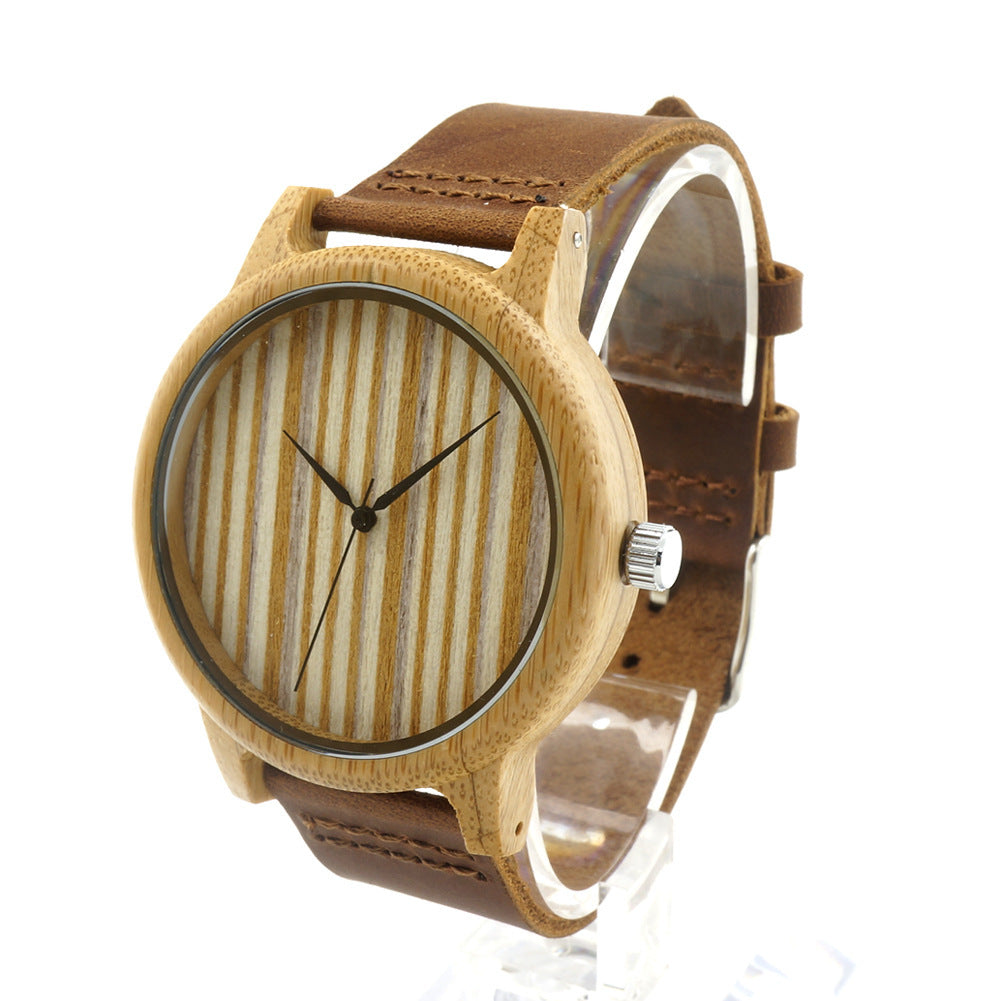 Men's bamboo wooden watch cowhide strap on wrist