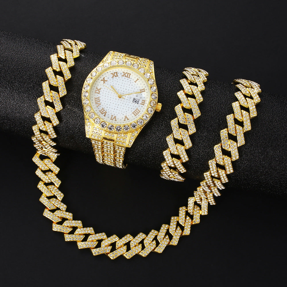 Hip hop watch bracelet and necklace set full set view