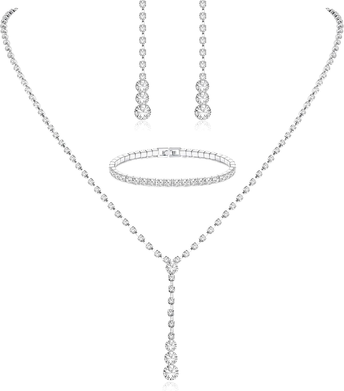 Silver Bridal Jewelry Set for Women Rhinestone Necklace Dangle Earrings Bracelet Set Wedding Jewelry Sets for Brides Bridesmaid Crystal Prom Costume Jewelry Accessories for Women