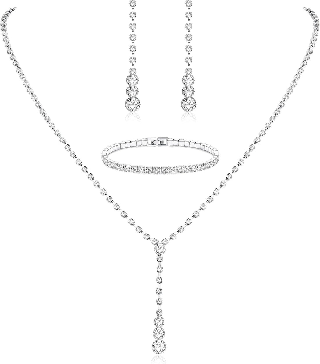 Silver Bridal Jewelry Set for Women Rhinestone Necklace Dangle Earrings Bracelet Set Wedding Jewelry Sets for Brides Bridesmaid Crystal Prom Costume Jewelry Accessories for Women