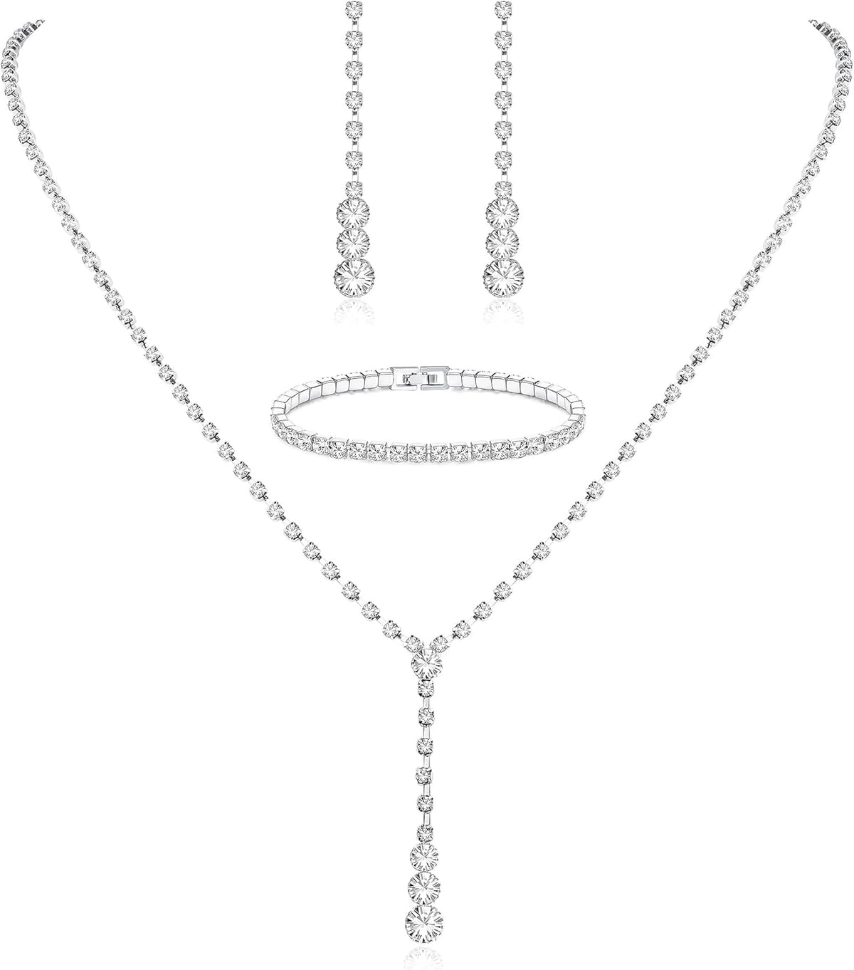 Silver Bridal Jewelry Set for Women Rhinestone Necklace Dangle Earrings Bracelet Set Wedding Jewelry Sets for Brides Bridesmaid Crystal Prom Costume Jewelry Accessories for Women