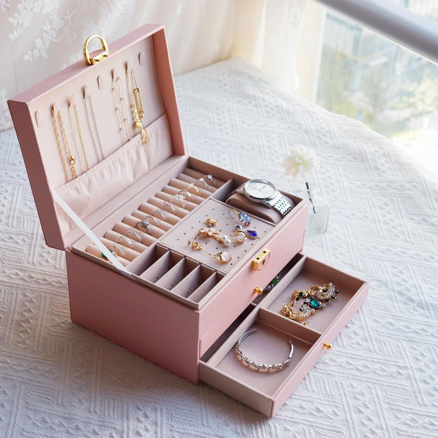 3 Layer Jewelry Box Organizer with Lock for Women