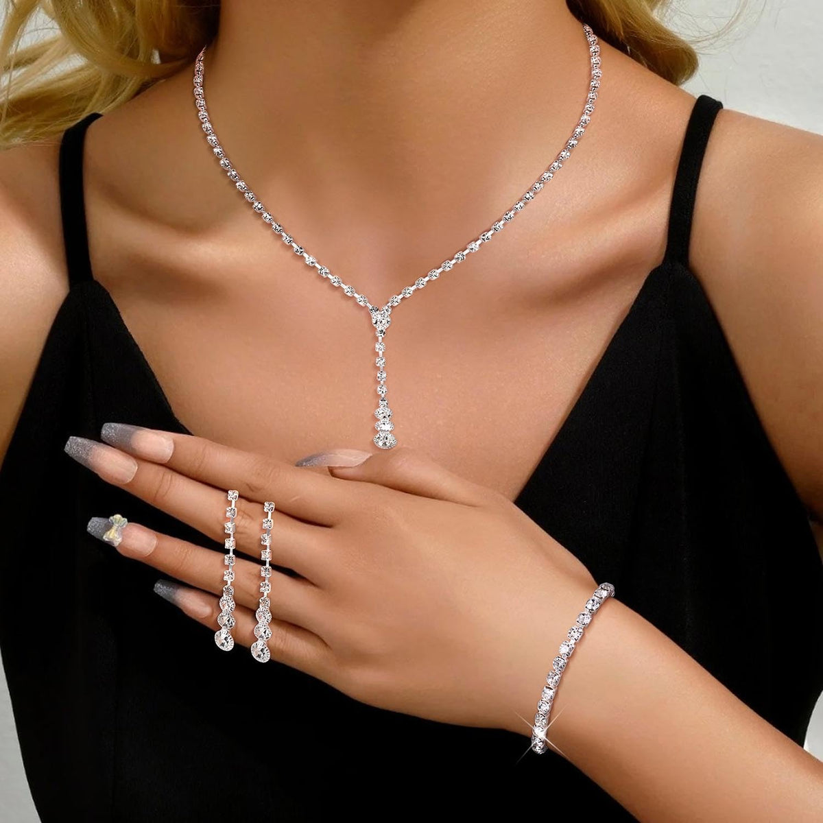 Silver Bridal Jewelry Set for Women Rhinestone Necklace Dangle Earrings Bracelet Set Wedding Jewelry Sets for Brides Bridesmaid Crystal Prom Costume Jewelry Accessories for Women