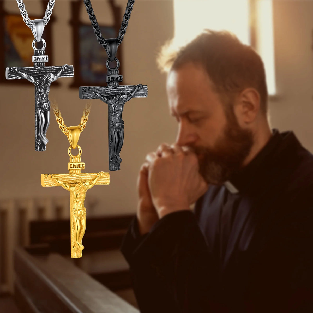 Gold plated cross necklace for men INRI crucifix pendant
