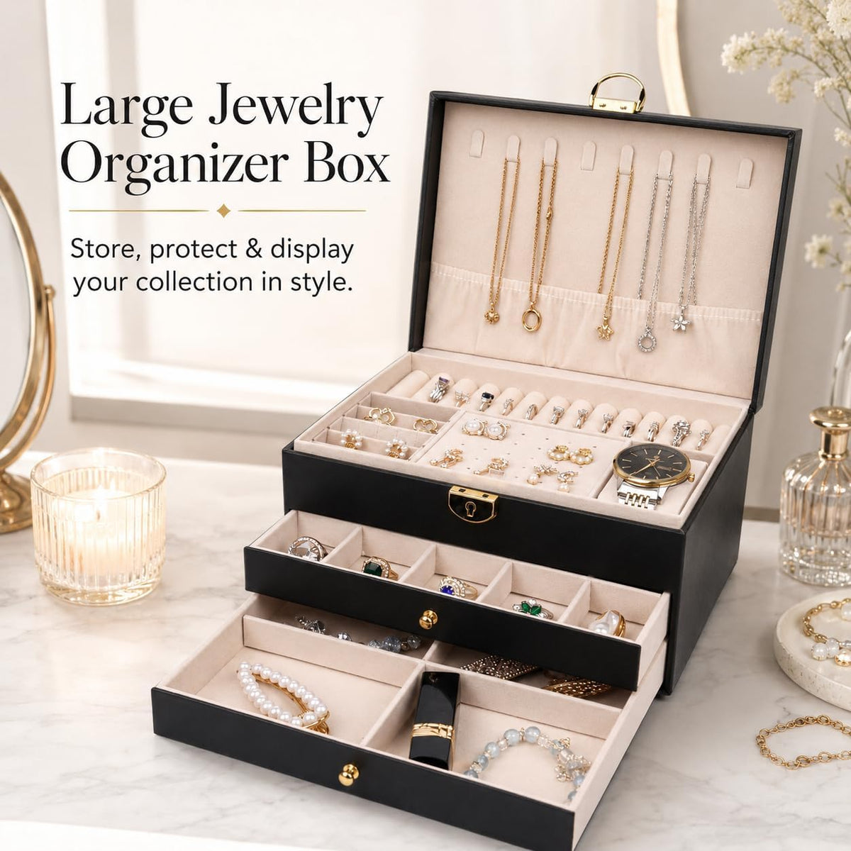 Large leather jewelry organizer box for women two drawers