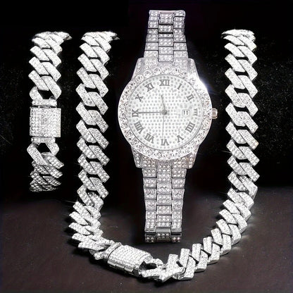 Hip hop watch bracelet and necklace set full set view