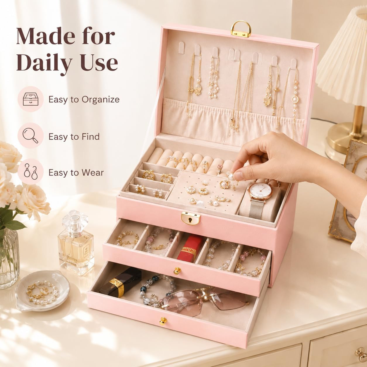 3 Layer Jewelry Box Organizer with Lock for Women