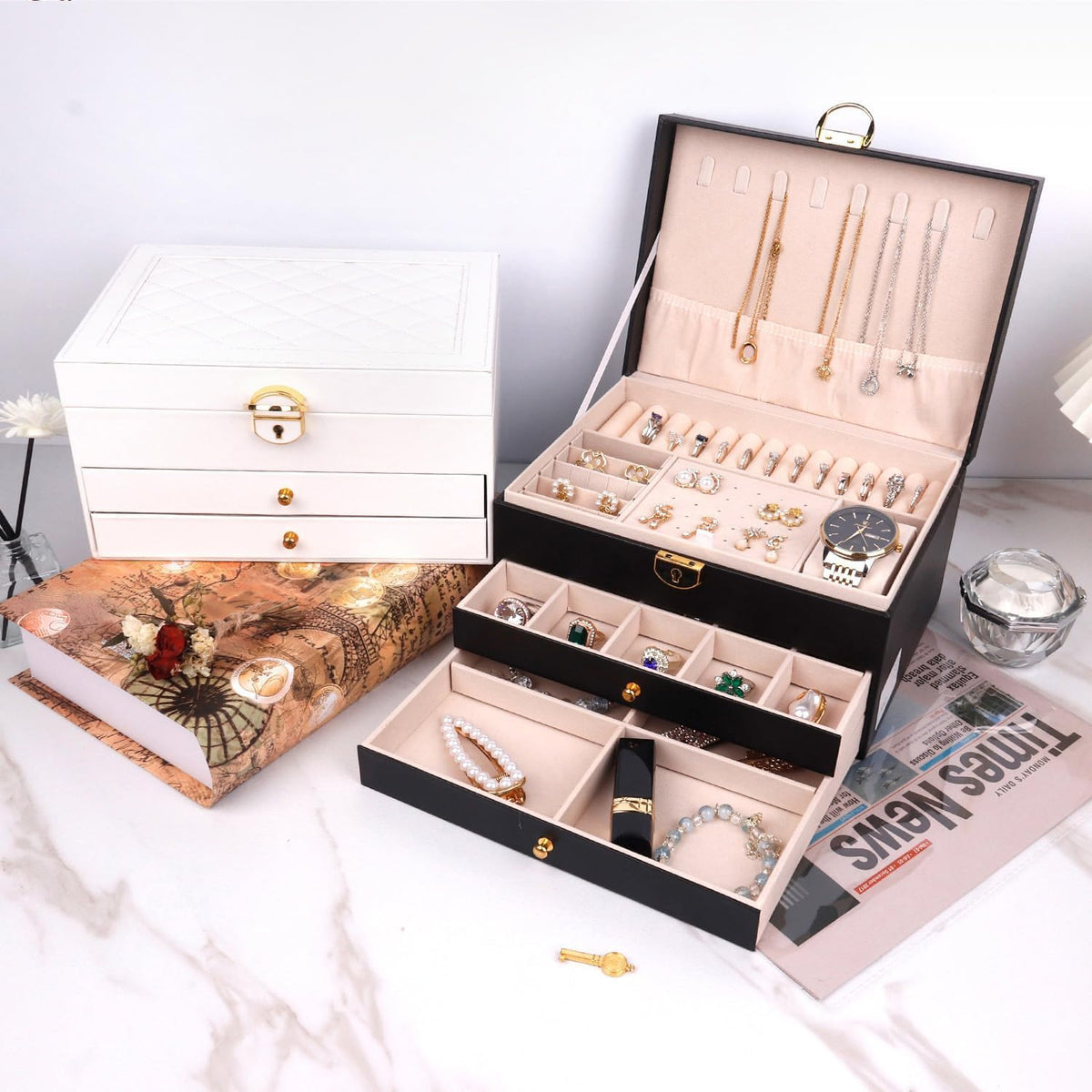Large leather jewelry organizer box for women two drawers