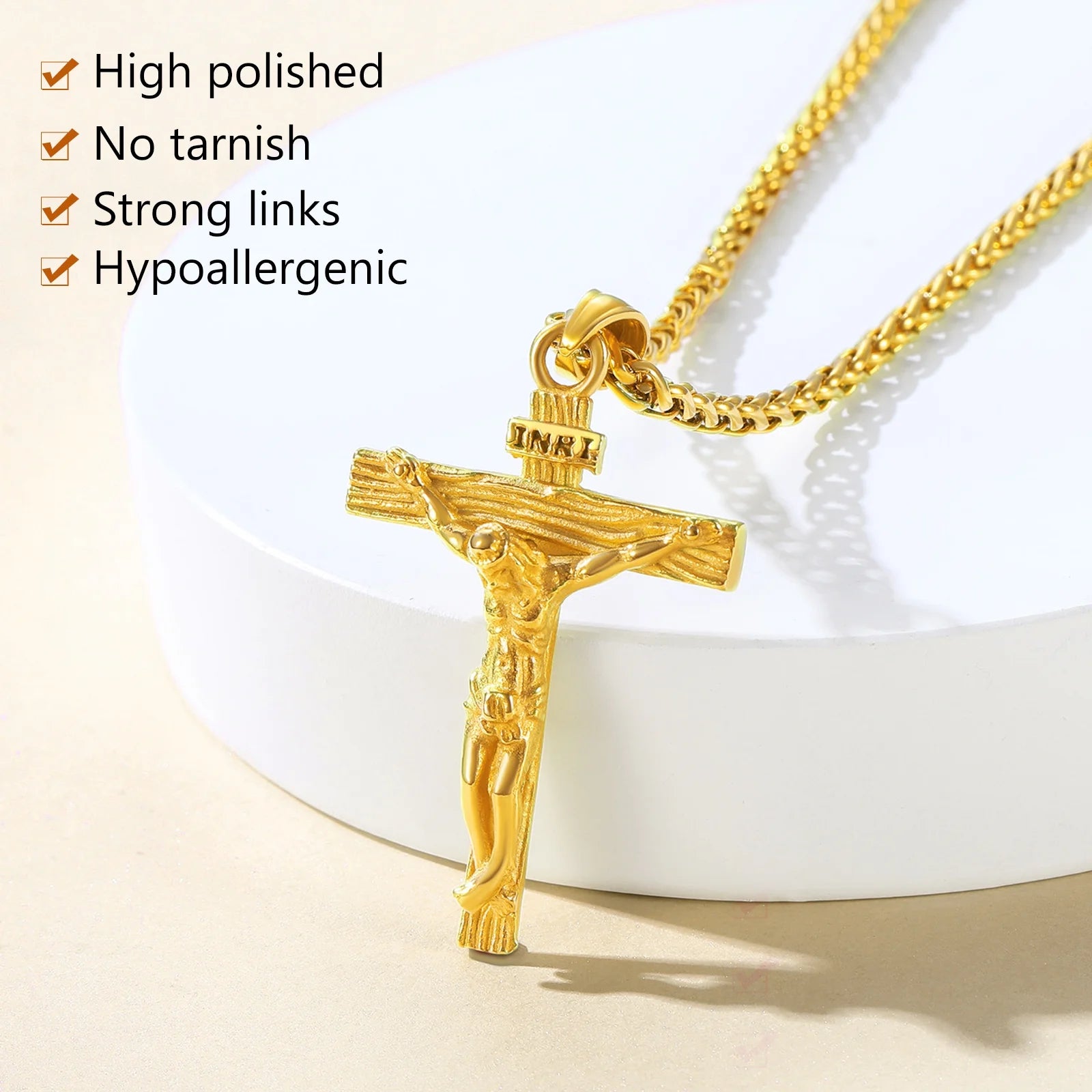 Gold plated cross necklace for men INRI crucifix pendant