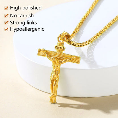 Gold plated cross necklace for men INRI crucifix pendant