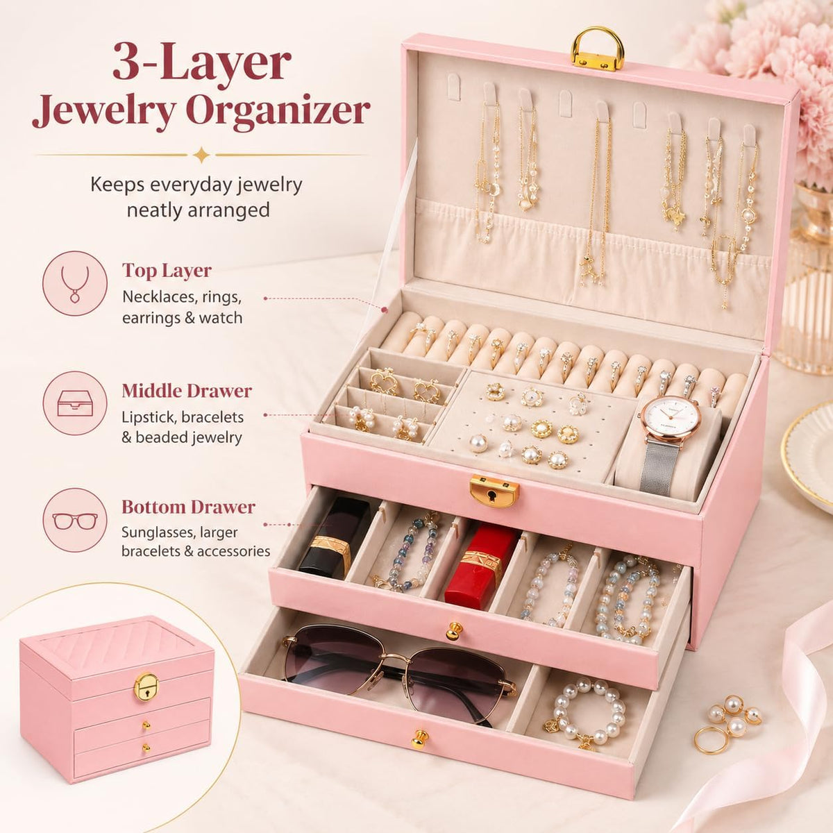 3 Layer Jewelry Box Organizer with Lock for Women