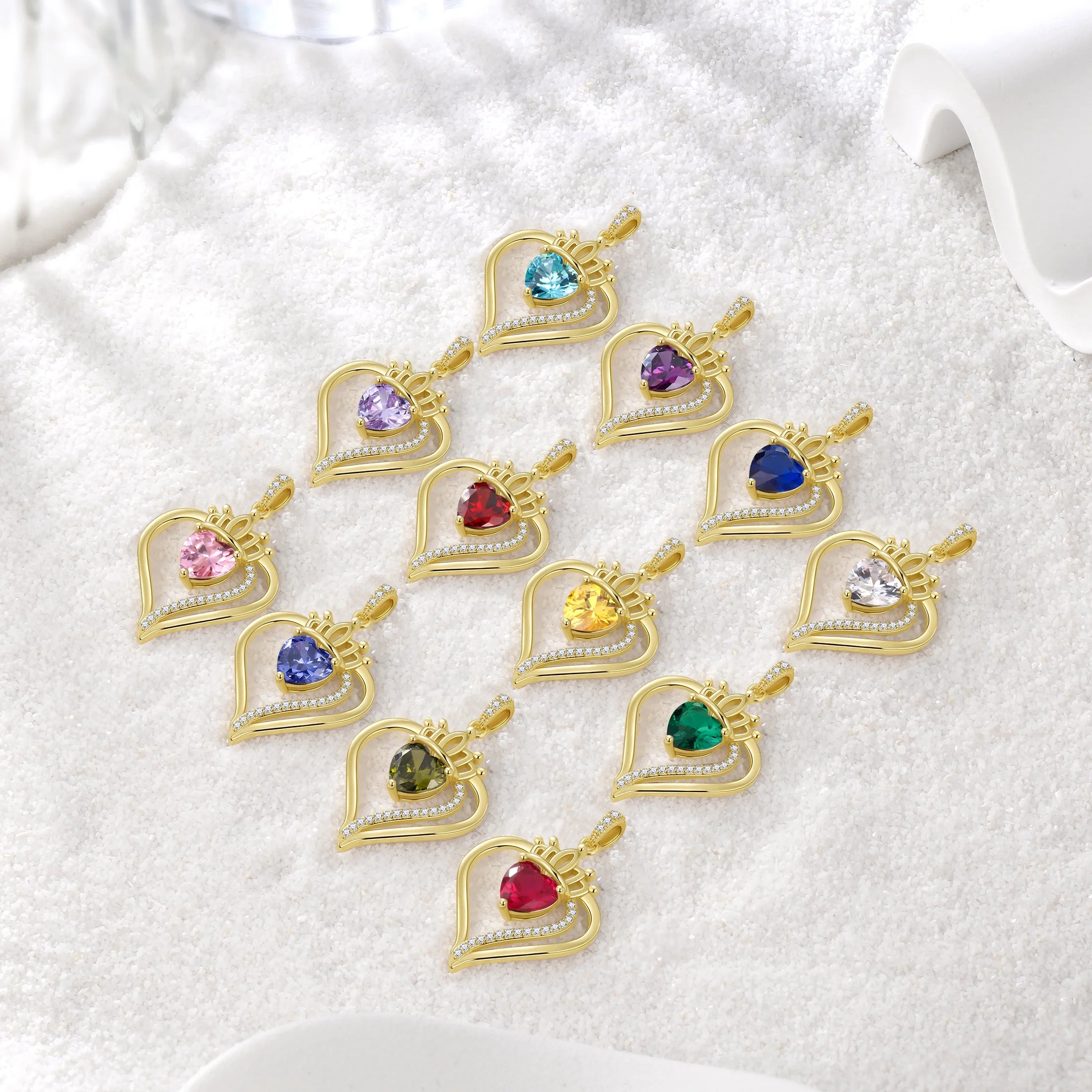 18k gold plated peridot birthstone necklace for women with vibrant heart-shaped pendants in various gemstones.