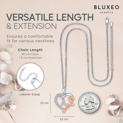 Sterling Silver Rose Heart Necklace for Women – Gift